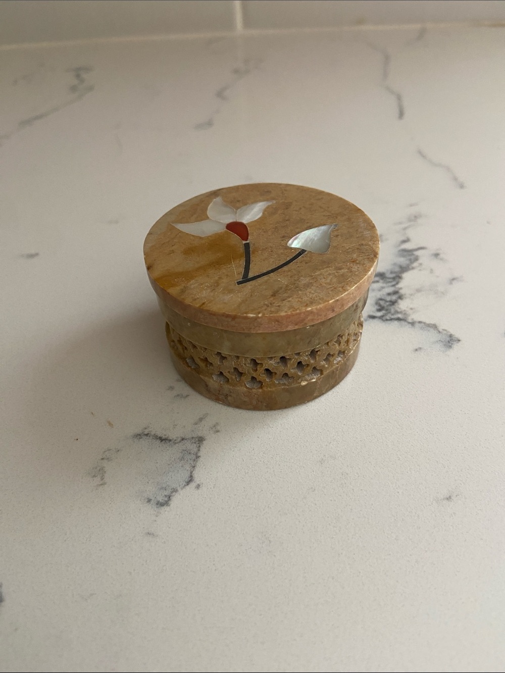 Vintage Indian Soapstone Trinket Box Carved Pierced Floral Inlay Round Box
